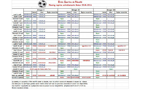Planning de reprise Séniors 2015/2016
