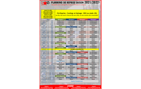 Planning de reprise saison 2021/2022
